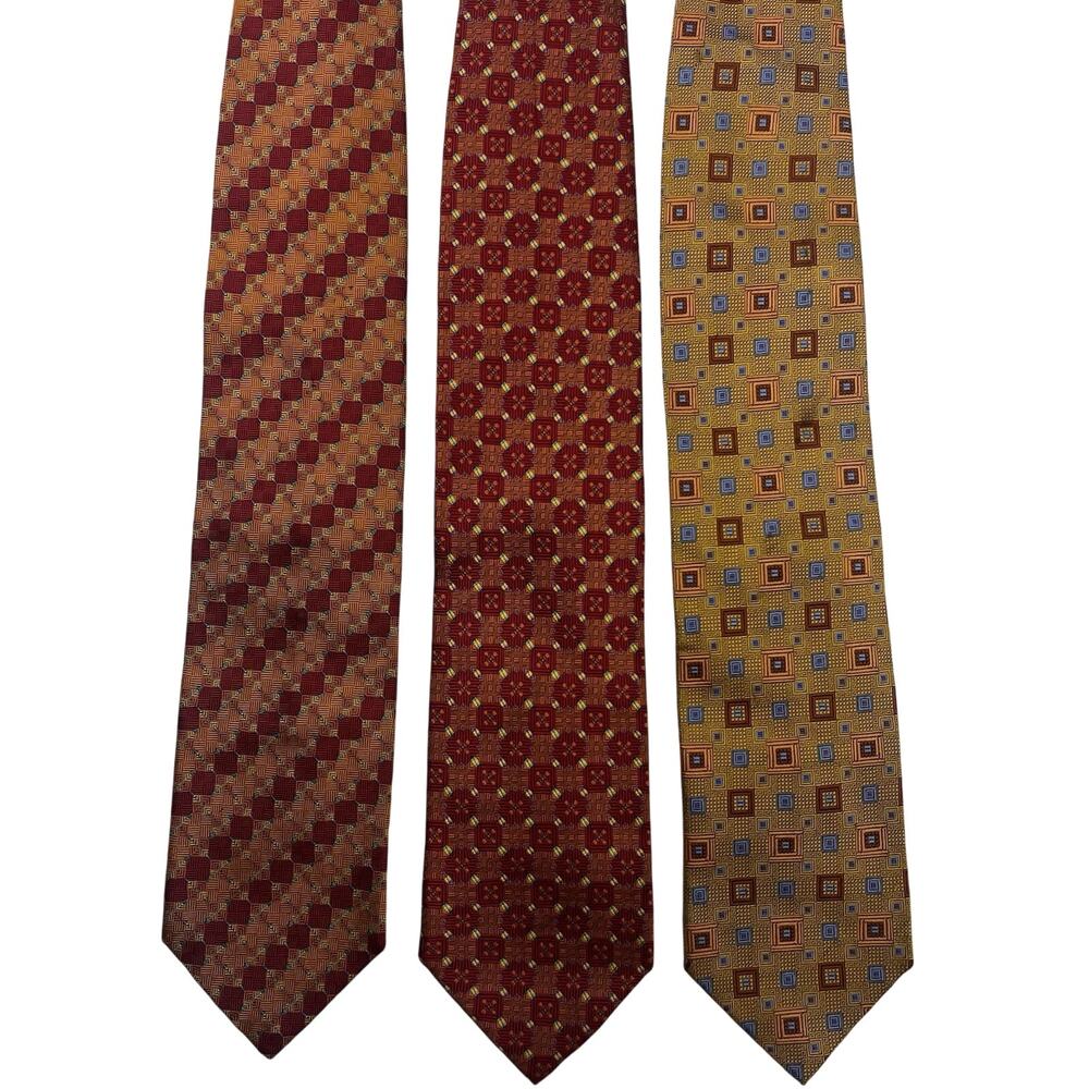 Set Of 3 DANIEL DE FASSON Handmade 100% Silk Tie Geometric Necktie Red Yellow - Picture 1 of 14